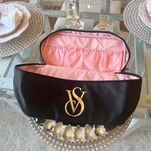 💗 Victoria’s Secret VS Pink Black Bra Swim Beauty Travel Bag Case Gold Logo